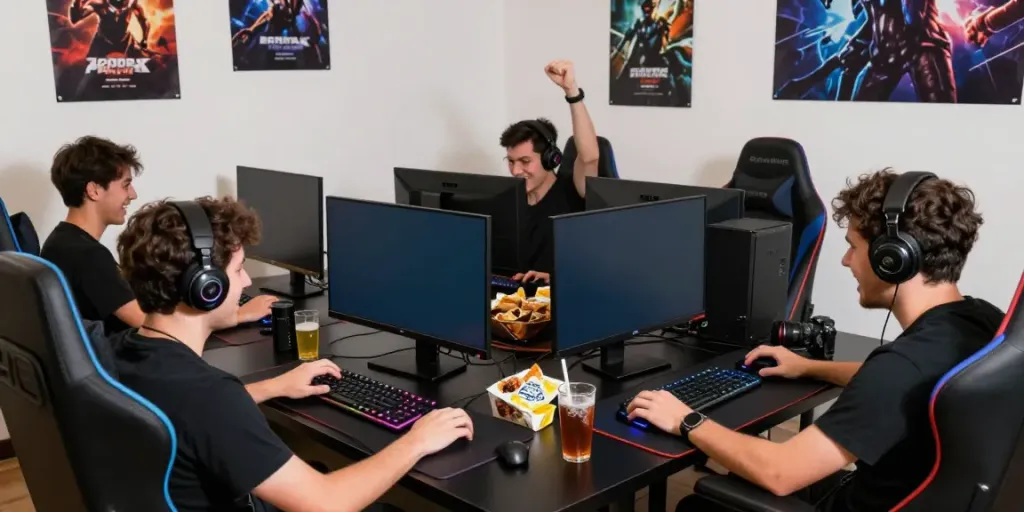 Ruang permainan seru dengan pemain gaming rajalangit77, lampu RGB yang cerah dan suasana penuh energi.