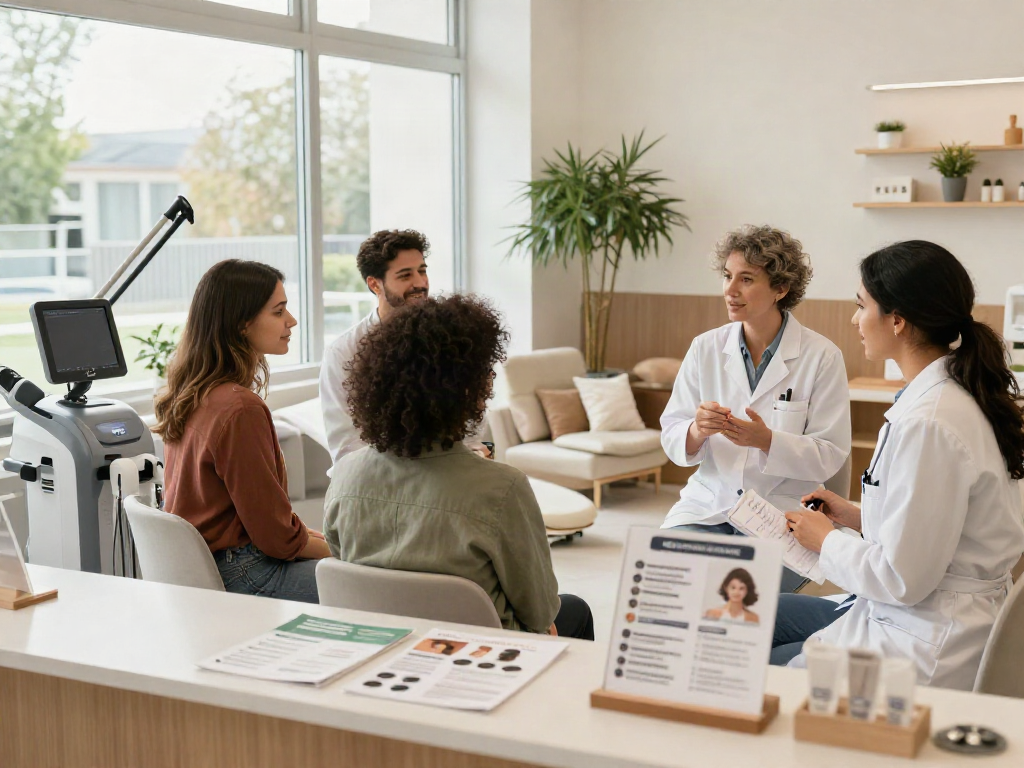 Discussing hair transplant turkey price in a modern clinic with specialists and patients.