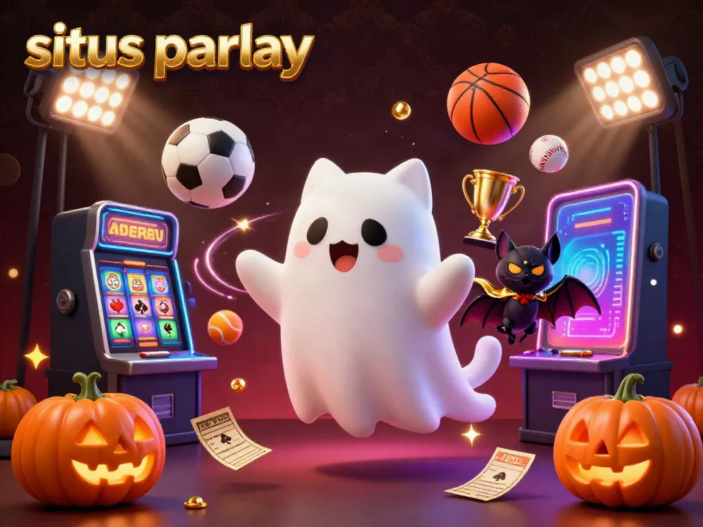 Engage in exciting situs parlay betting with glowing sports elements and a friendly ghost cat.