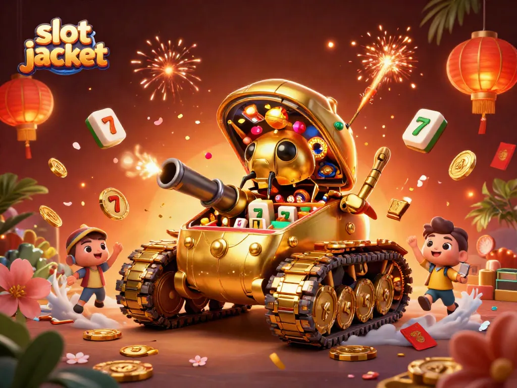 Experience the excitement of slot jackpot with a dynamic casino scene featuring colorful gaming elements and festive celebrations.