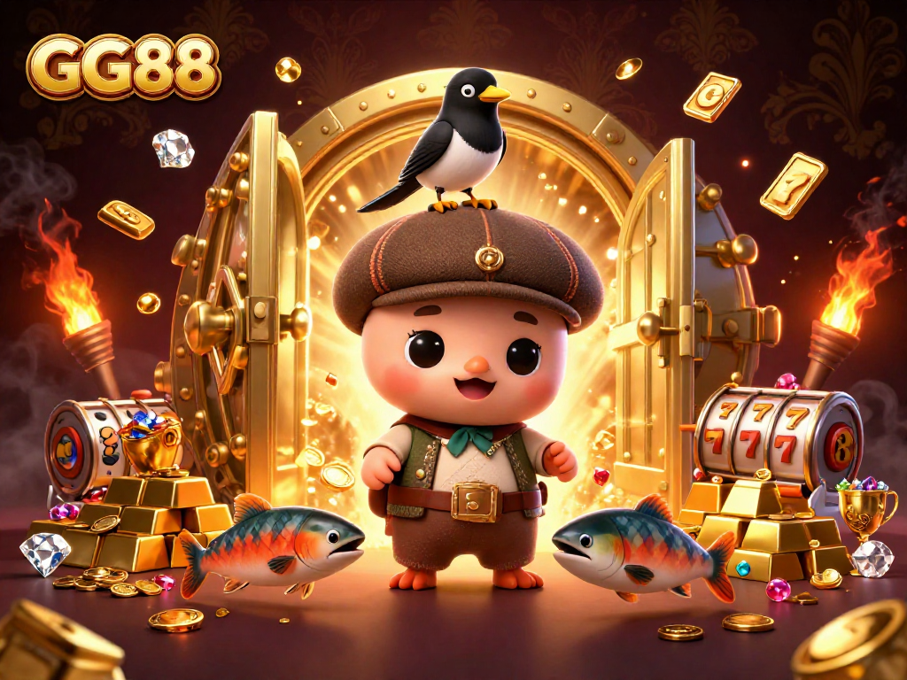 Experience the thrill of GG88 with lucky slots, treasures, and vibrant characters in a dynamic casino scene.