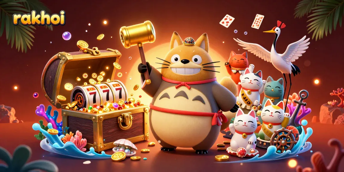 Experience the thrill of rakhoi with cheerful tanuki and lucky charms amid dynamic casino elements.