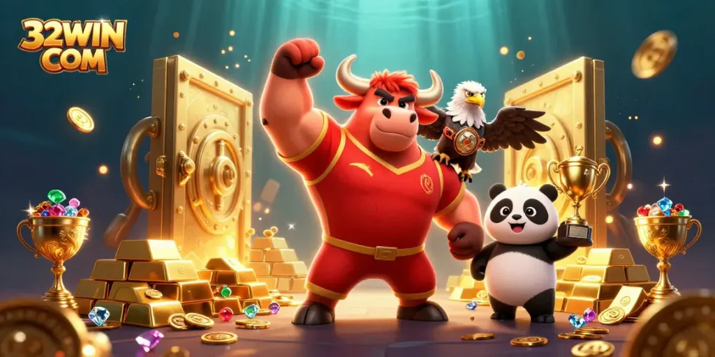 Celebrate victories at 32WIN COM with the dynamic 3D illustration of mascots and treasure.