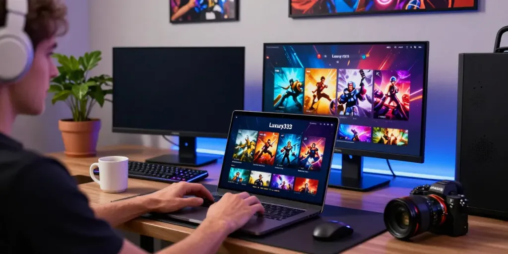 Luxury333 gaming interface displayed on a laptop, creating an engaging digital experience.