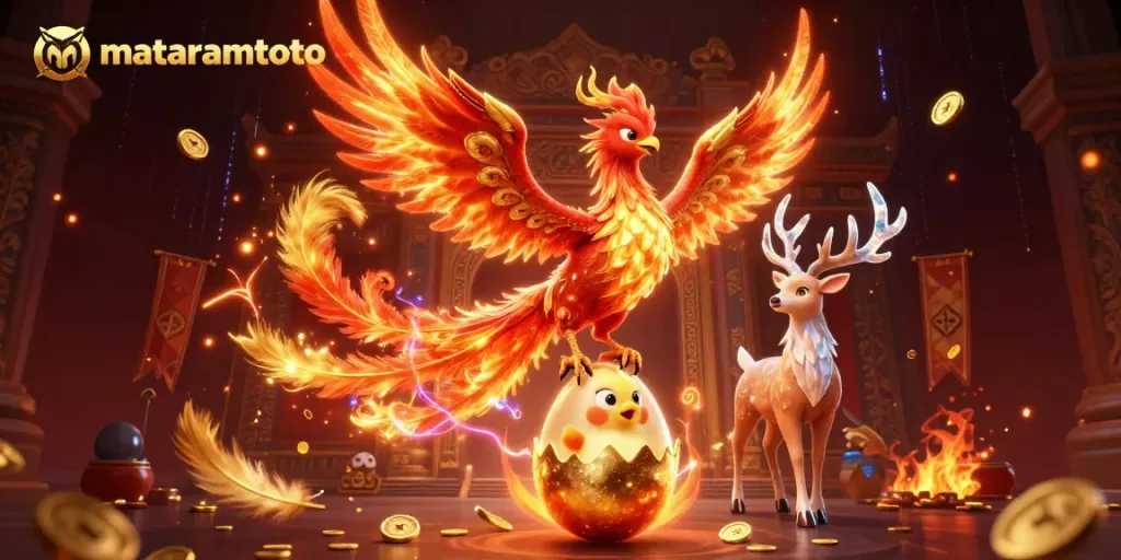 Experience the thrill of gambling at MATARAMTOTO with a stunning phoenix and the mystical stag symbolizing victory.
