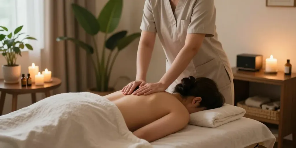 Relaxing 관악구출장마사지 scene with a therapist and client in a cozy home.