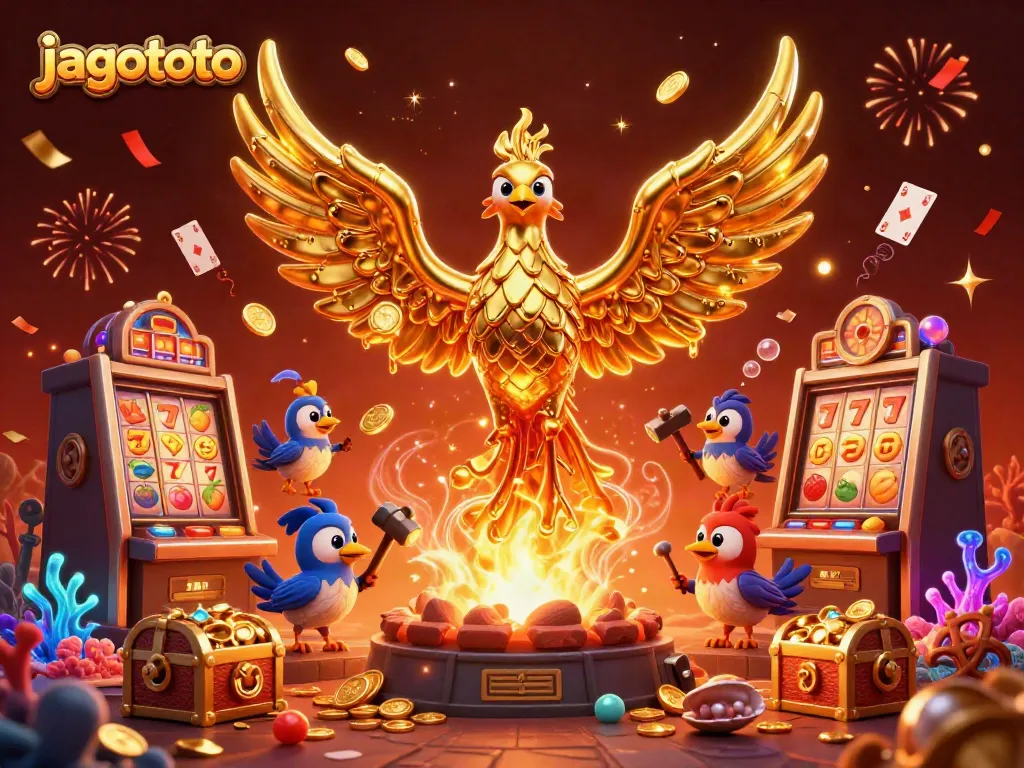 Memenangkan jackpot di jagototo dengan slot mesin yang megah dikelilingi koin emas dan simbol keberuntungan.