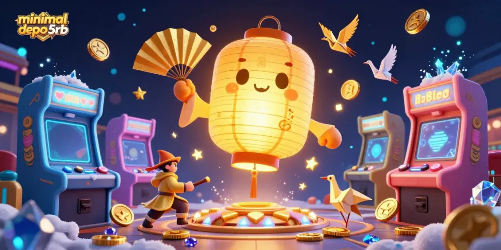 Experience the vibrant world of minimal depo 5rb with a golden lantern spirit and dynamic casino elements.