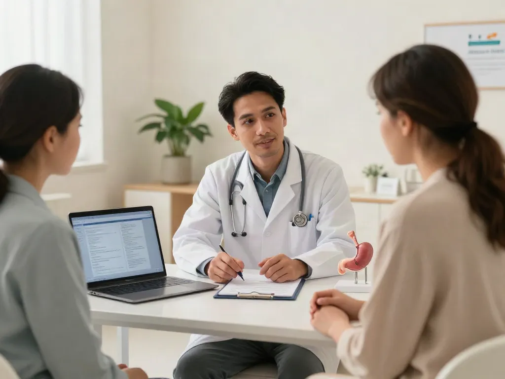 Gastric cancer treatment Abu Dhabi consultation between doctor and patient in a modern healthcare facility
