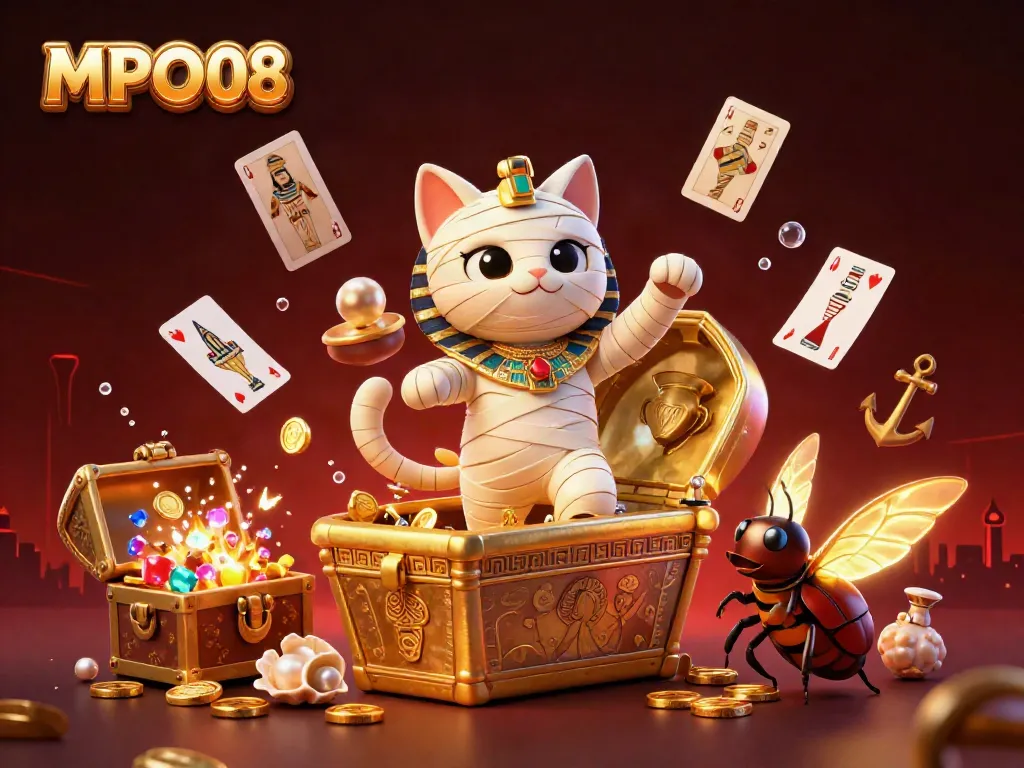 Engage with MPO08 through a vibrant 3D illustration of an Egyptian mummy cat in a pyramid casino.