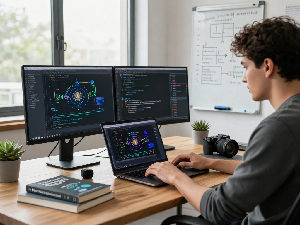 Tornardocash blockchain development workspace, featuring vibrant code on screens and modern tech environment.