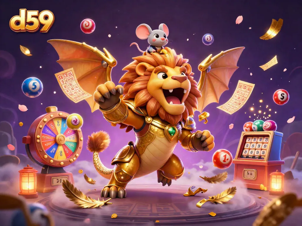 Engage in exciting gameplay at D59 with vibrant lottery balls and a roaring chimera