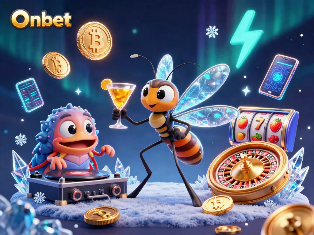 Onbet features a frozen-in-amber mosquito casino mascot and trilobite DJ in a vibrant gaming scene.