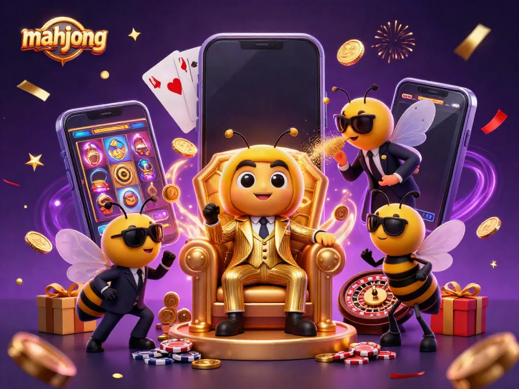 Experience thrilling mahjong action with a bumblebee mob boss in a vibrant casino setting.