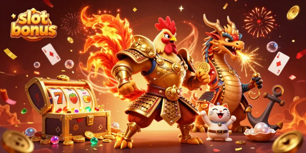 Experience the thrill of slot bonuses with a dynamic scene featuring powerful characters and casino elements.
