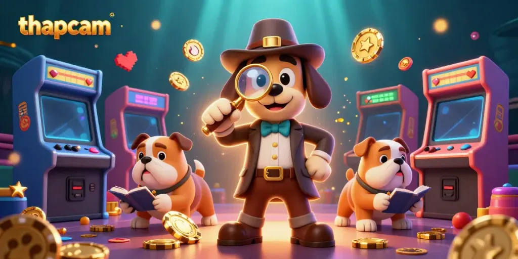 Thapcam features a vibrant 3D scene with a detective dog examining poker chips amid fun casino elements.