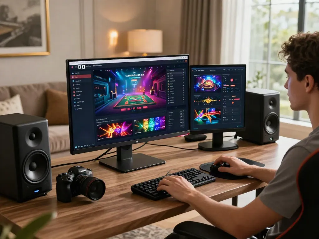 Luxury12 online gaming platform user engaging with high-end peripherals in a sophisticated office.