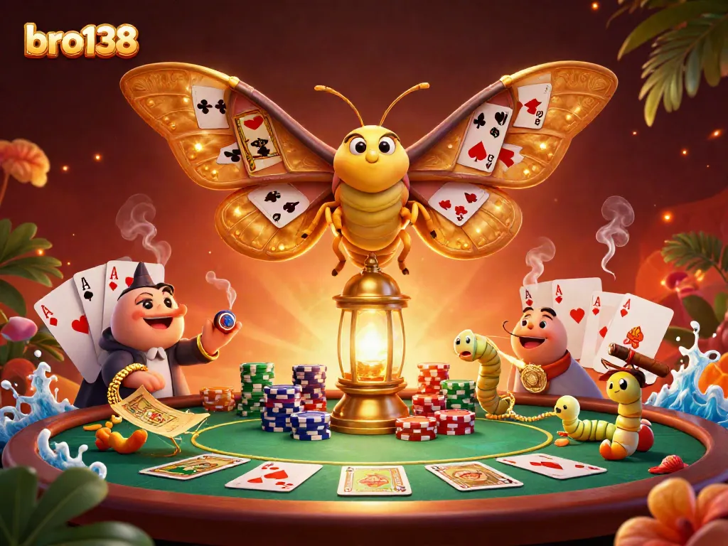 Experience exciting gameplay with bro138, featuring vibrant casino elements and an illustrated moth.