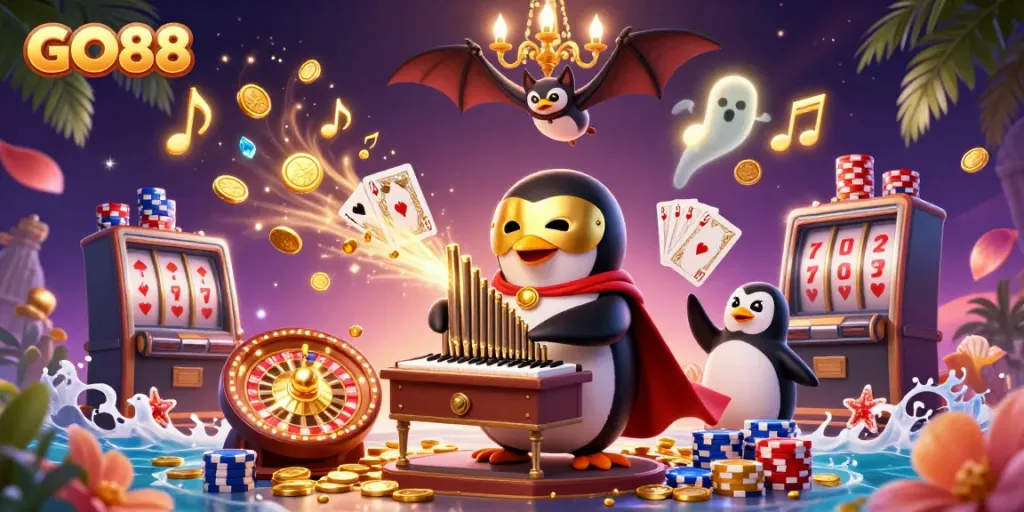 GO88 delivers excitement as casino elements fly around a whimsical scene with a penguin and bat acrobat.