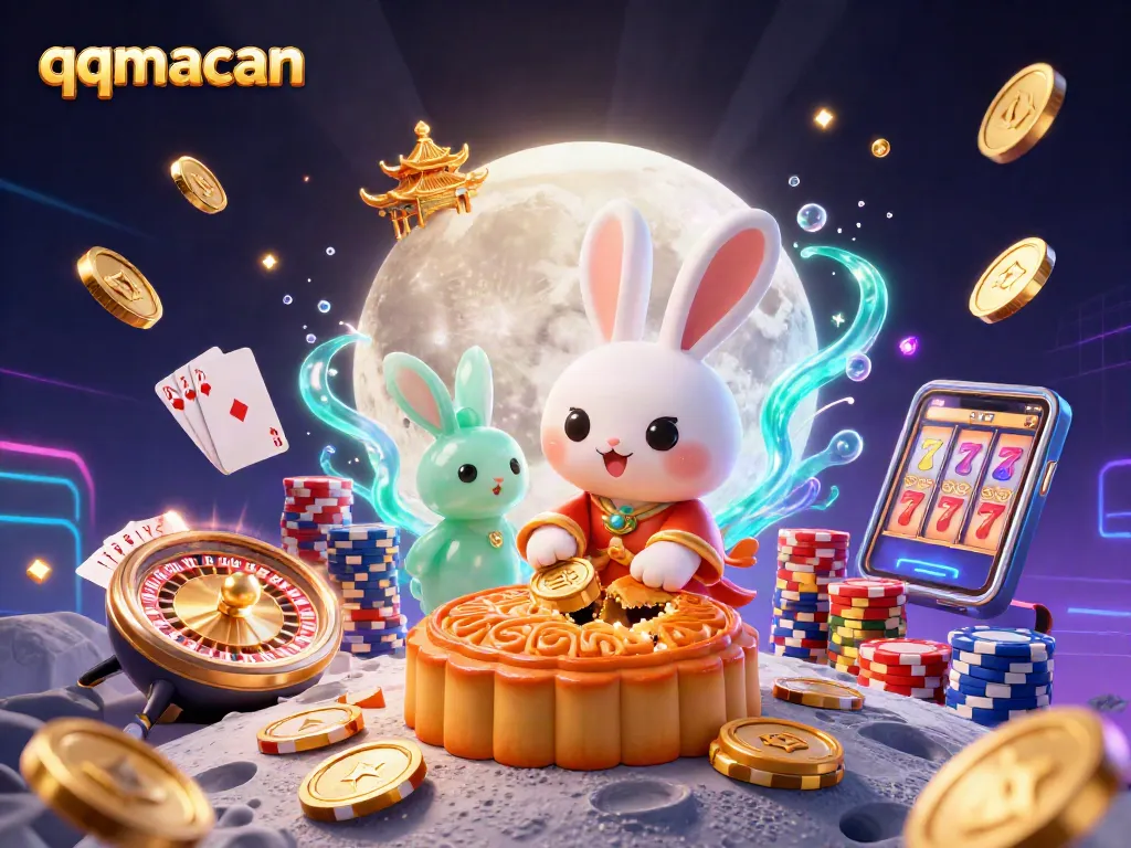 Engage with qqmacan's dynamic gaming scene featuring a lucky moon rabbit amidst vibrant casino elements.