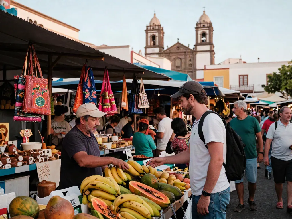 Tenerife Forum traveler engaging with local market vendors, exploring vibrant culture and fresh produce.