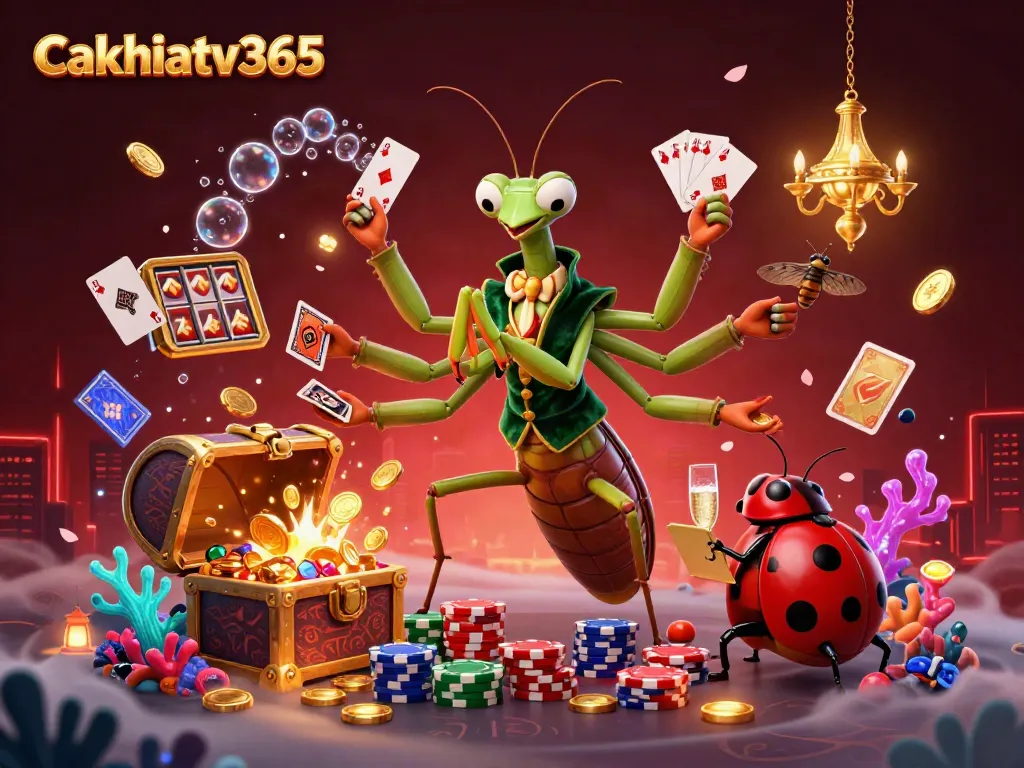 Cakhiatv365 casino scene with a giant mantis and ladybug dealing cards and pouring champagne, showcasing vibrant gaming elements.
