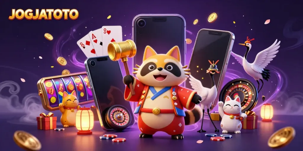 Experience the excitement of JOGJATOTO with a cheerful tanuki and vibrant gaming elements.