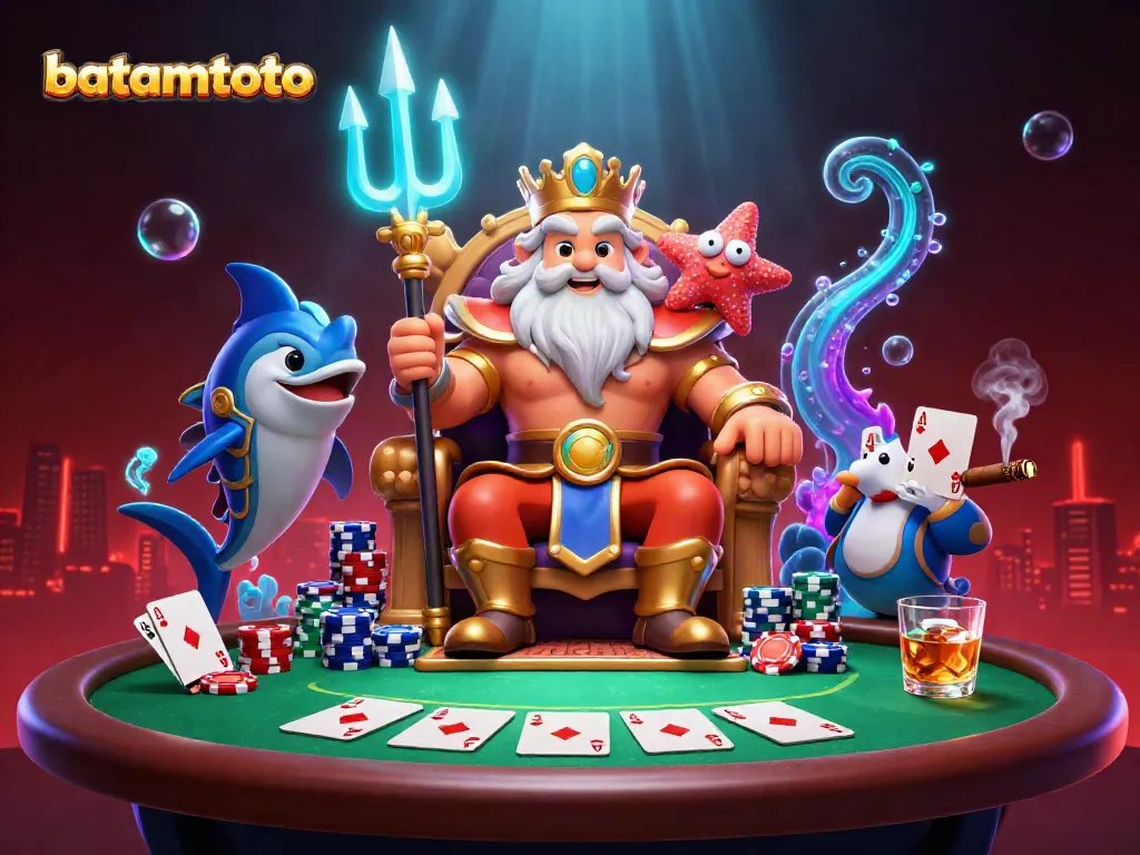 Experience batamtoto's lavish casino adventure with Neptune and vibrant poker elements under a mystical sea glow.