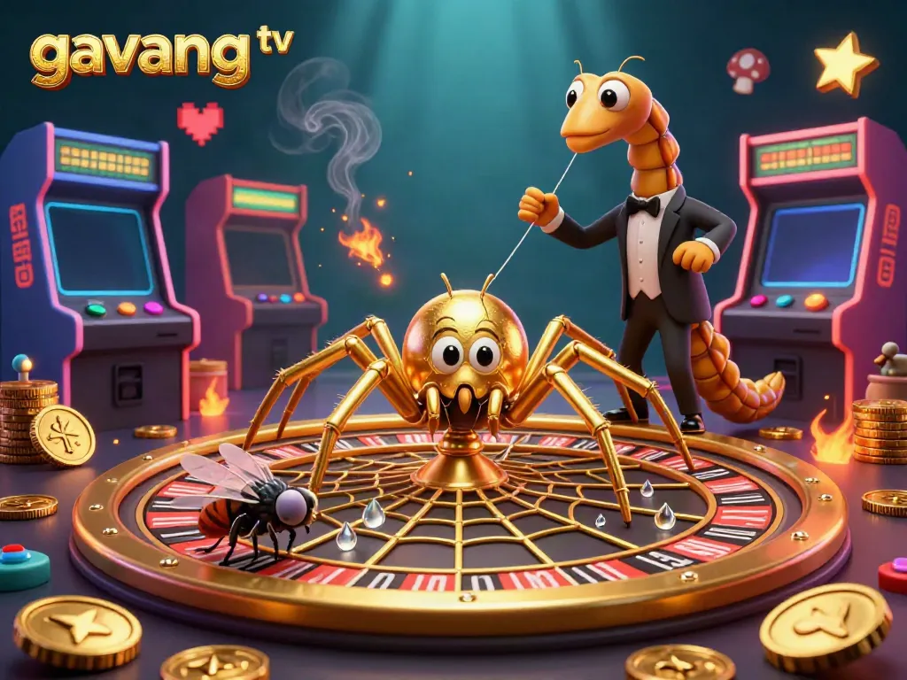 Engage with the thrilling world of Gavang TV, featuring a vivid 3D spider spinning a roulette wheel web in a vibrant casino setting.