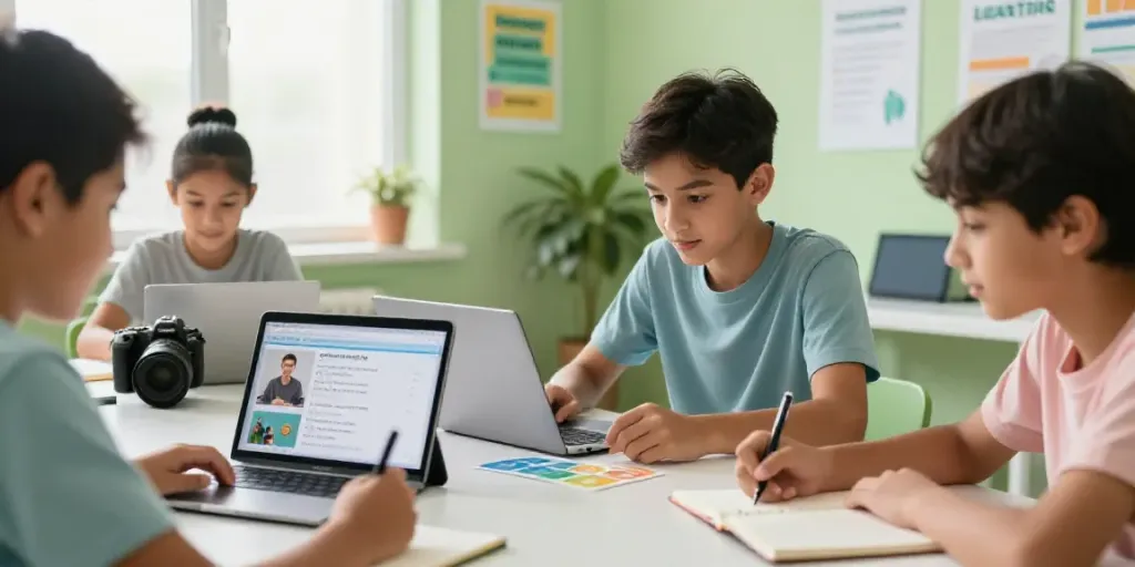 Togel online learning students engaging with digital language resources in a modern classroom.