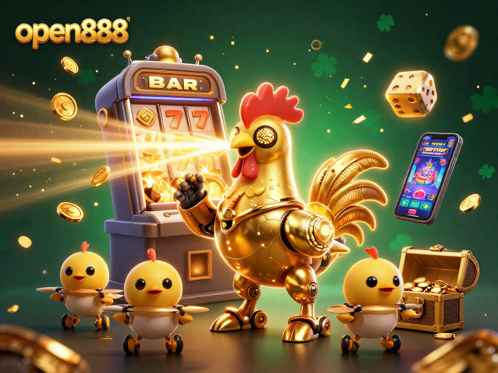 Engage with exciting casino gameplay featuring open888's golden rooster robot amidst a dynamic jackpot scene.