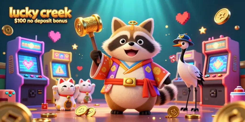 Claim the lucky creek $100 no deposit bonus with this vibrant casino scene featuring animated characters and gaming elements.