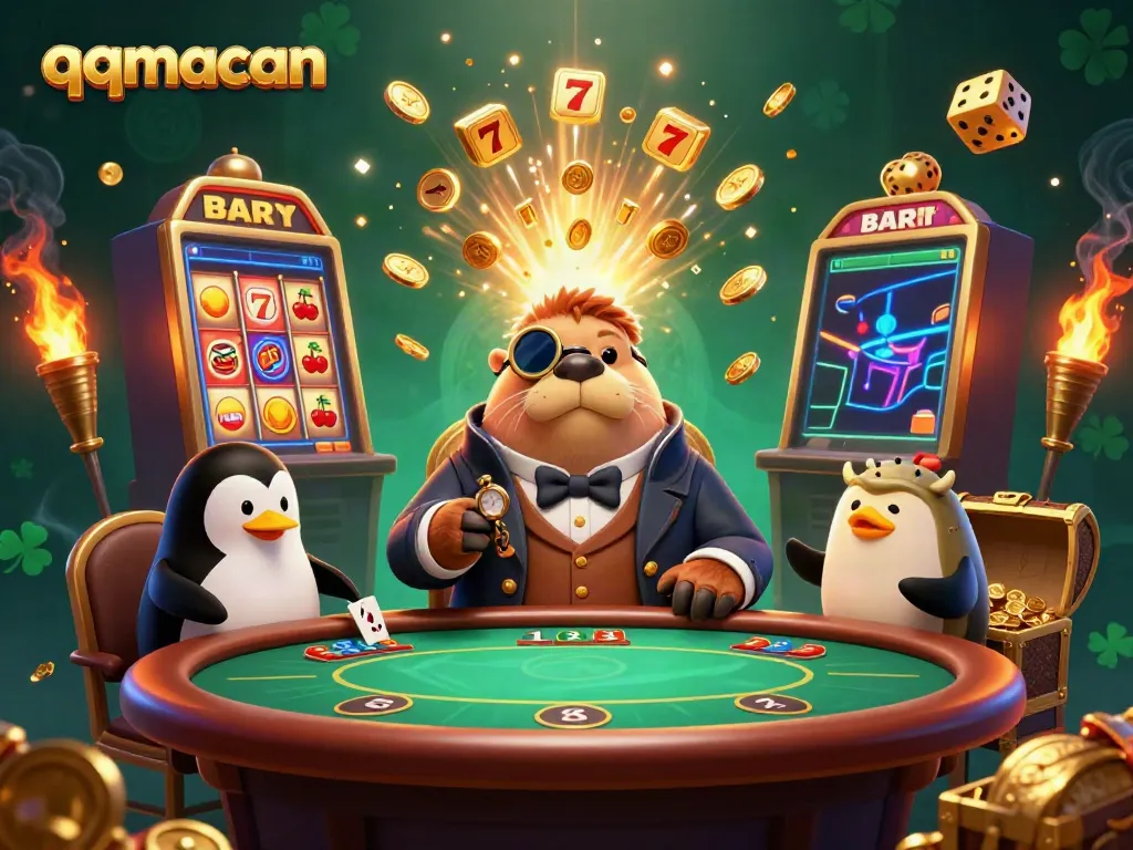 Experience the thrill at qqmacan with detailed characters at a poker table, surrounded by exciting game elements.