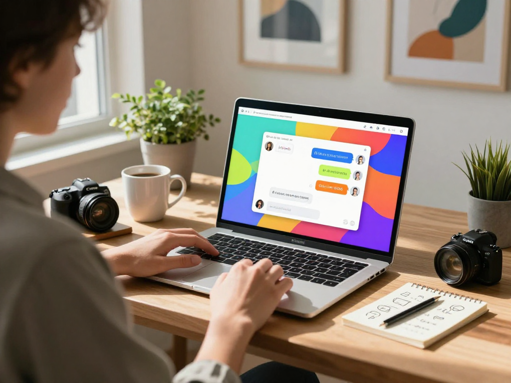 AI chat nsfw scenario depicting a user engaging with a vibrant chatbot interface in a creative workspace, showcasing digital communication.