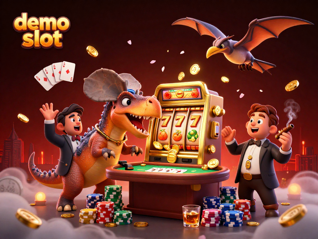 Demo slot menghibur dengan karakter dinosaurus di kasino, jackpot berlimpah dari mesin slot.