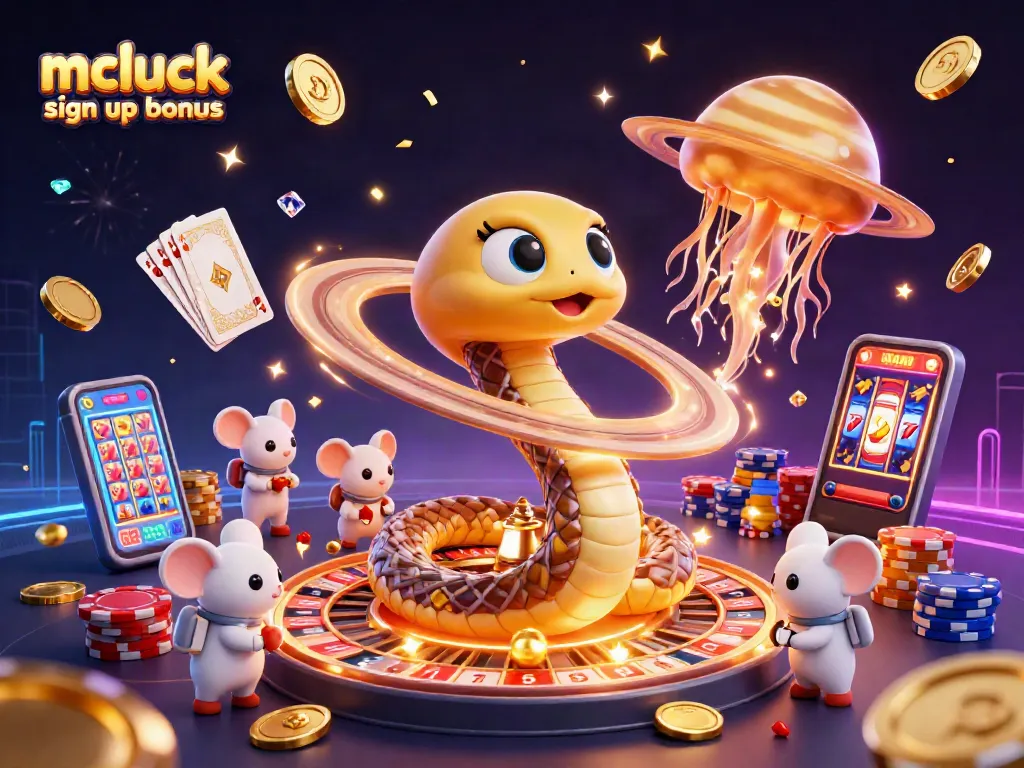 Engage with the exciting mcluck sign up bonus depicted through a cosmic casino scene with unique characters.