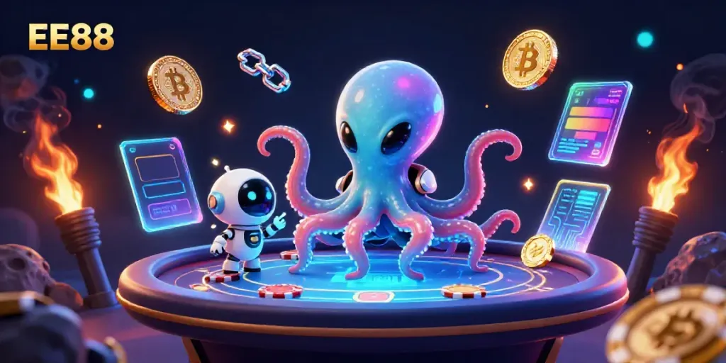 Engage in thrilling poker with EE88 as an alien octopus interacts with holographic tables and cryptocurrency elements.