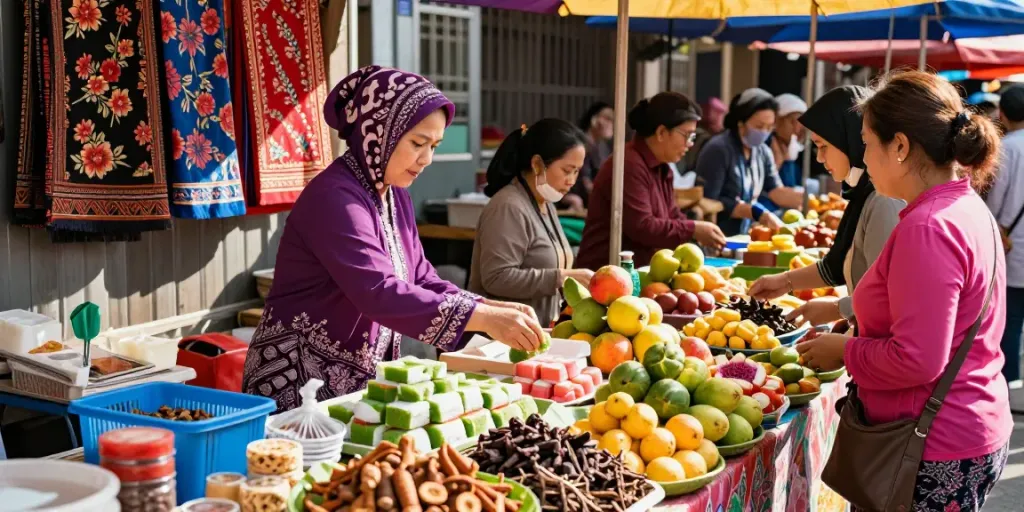 Nyonya4d cultural scene with traditional Peranakan dish preparation in vibrant urban market.