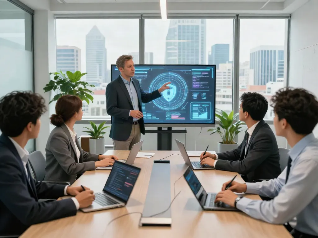 Deepfake protected meetings in a corporate setting with diverse professionals discussing security features.