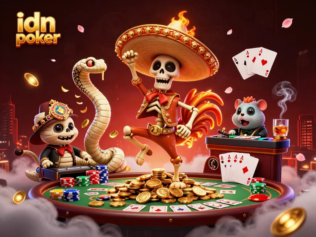 Mengalami kesenangan bermain idn poker dengan karakter menghibur di kasino yang dipenuhi timbunan koin emas.