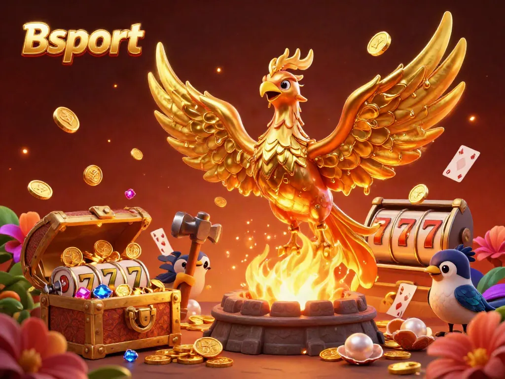 Win at Bsport with the golden phoenix rising from a vibrant casino scene full of treasures and gaming elements.