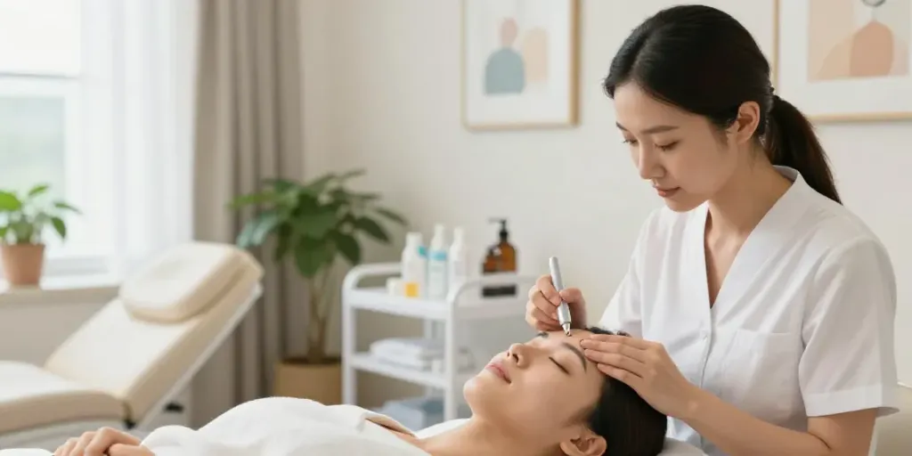 Client receiving CCeye® treatment to Augenringe entfernen in a soothing beauty room.