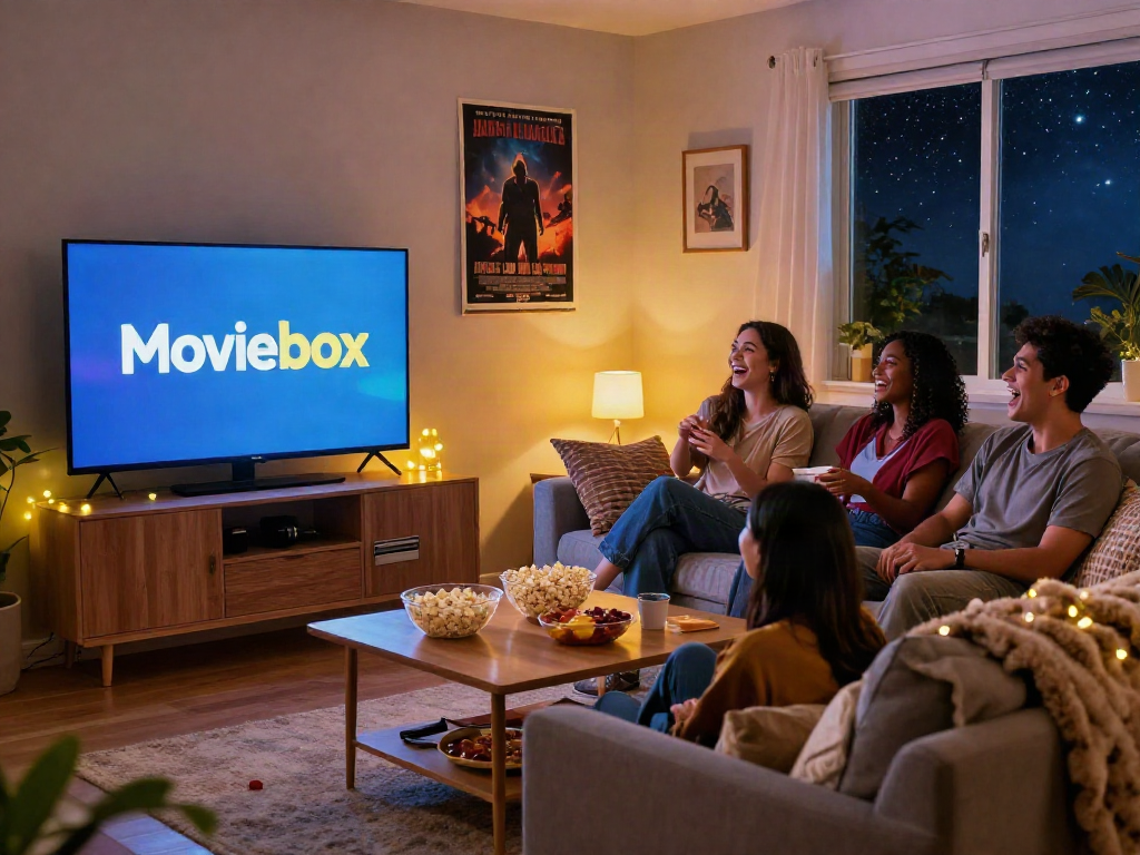 Friends enjoying a movie night together with Moviebox on the screen, cozy living room setting.