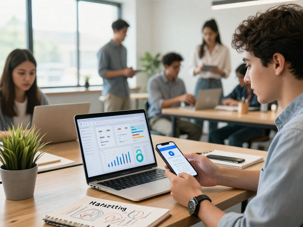 Buy app installs metrics analysis in a modern coworking space, highlighting app marketing strategies and collaborative efforts.