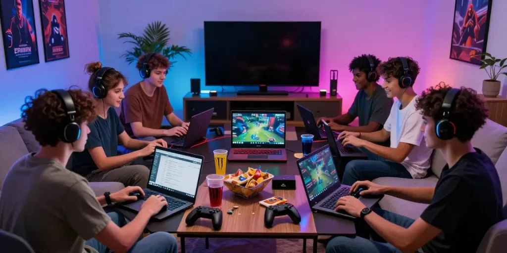 Aktivitas bermain game online dengan variasi perangkat di ruang tamu modern, menampilkan dewitogel login alternatif yang seru dan interaktif.