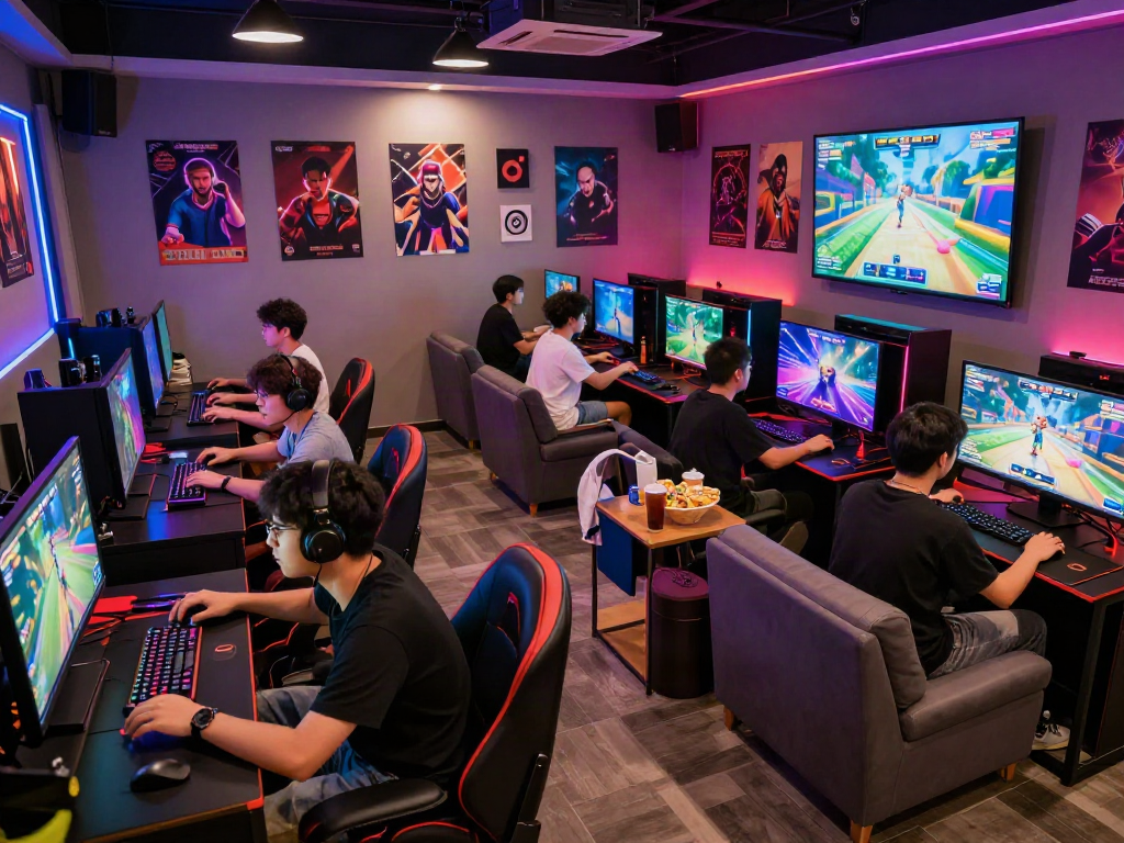 Engaging players enjoying porngames in a lively gaming lounge atmosphere