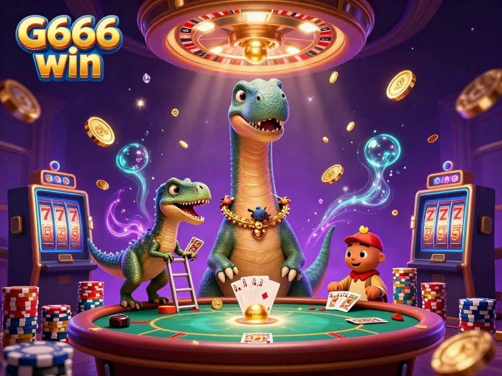 Experience the excitement of G666 win with a vibrant casino scene featuring whimsical characters and gaming elements.
