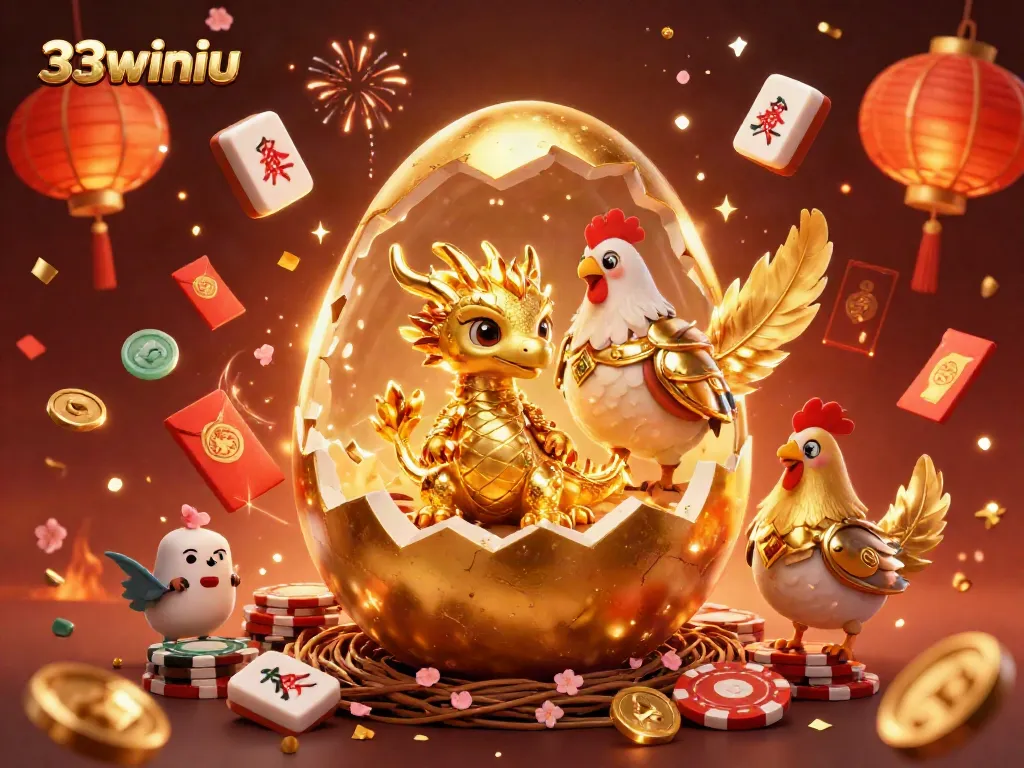 Experience the magic of 33winiu with a golden dragon guarding poker chips amidst a festive casino scene.
