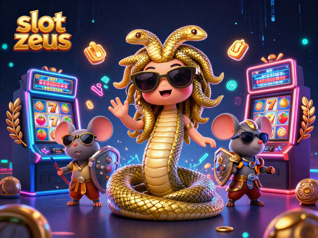 Mainkan slot zeus dengan Medusa dan karakter berani di antara mesin slot dan simbol keberuntungan.