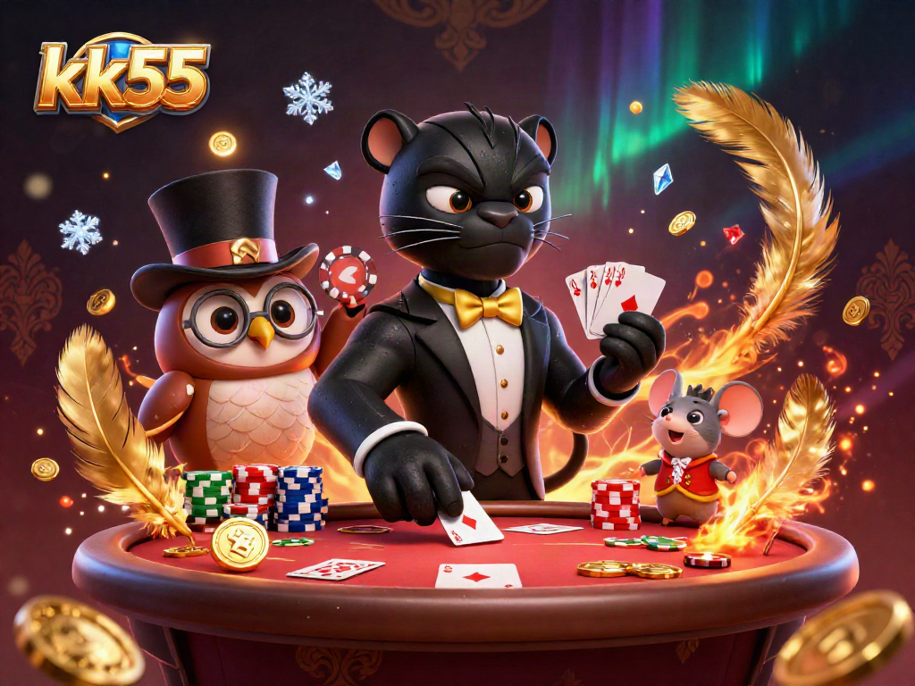 kk55 offers a vibrant poker night scene with playful characters in an atmospheric setting.